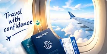 Travel with confidence: a passport and boarding pass by an aeroplane window